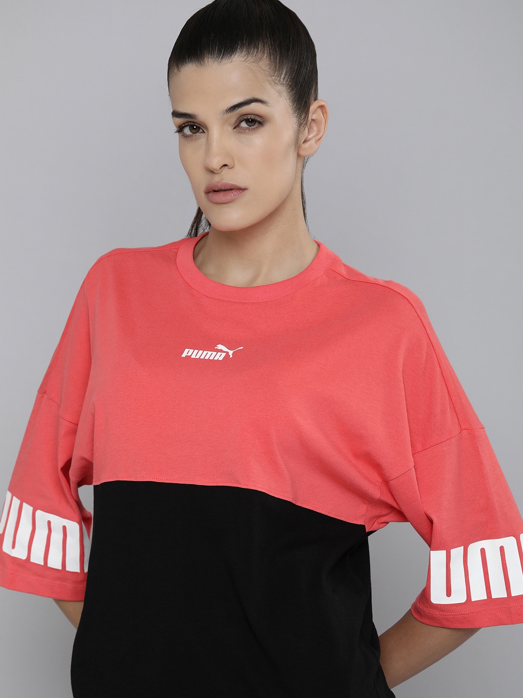 

Puma Coral Pink & Black Power Colourblocked Oversized Pure Cotton Top