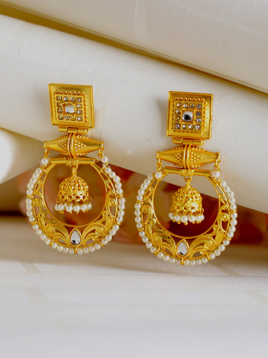 

Jazz and Sizzle Gold-Toned & White Circular Drop Earrings