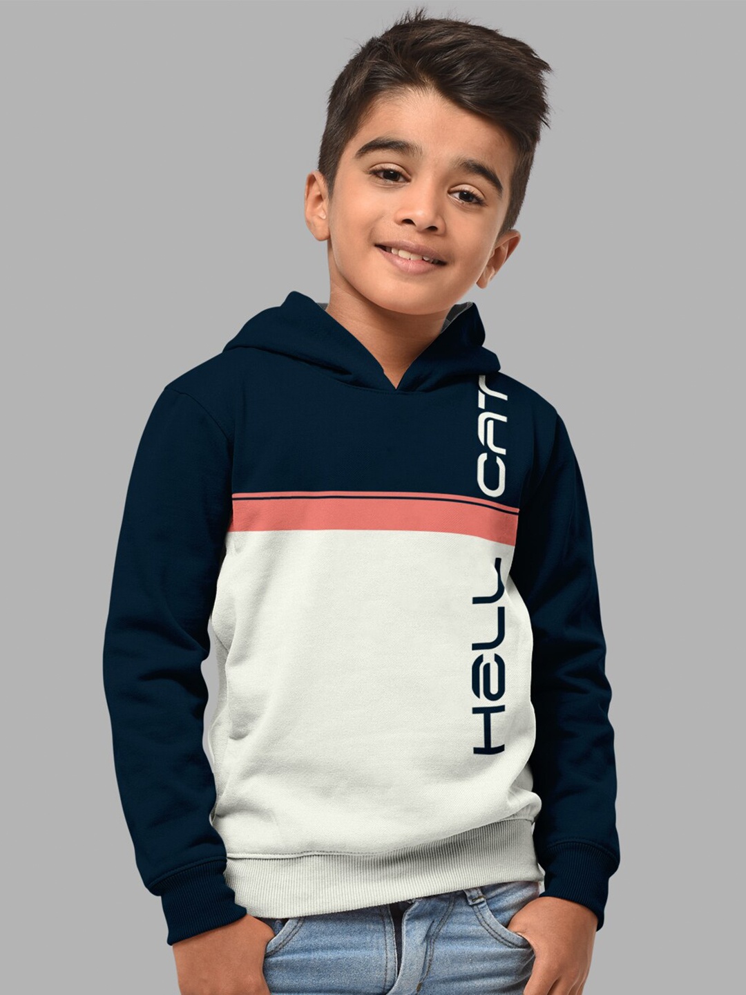 

HELLCAT Boys Navy Blue Colourblocked Hooded Sweatshirt