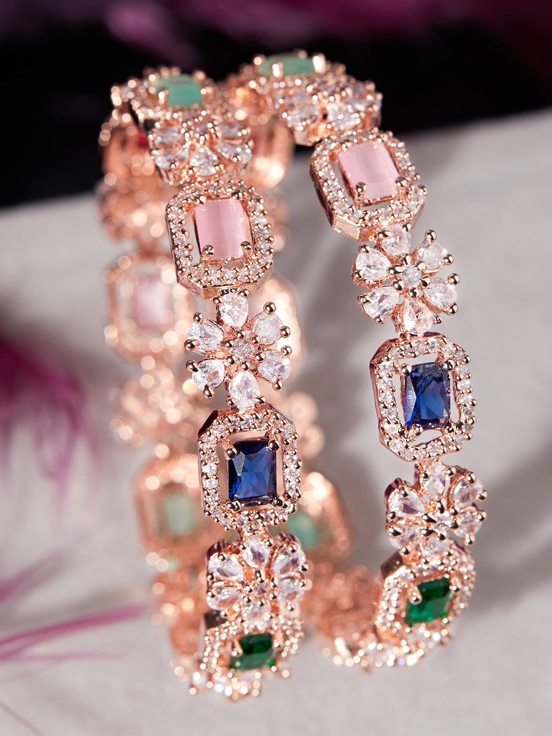

Rubans Women Set Of 2 Rose Gold-Plated Pink & Green Stone & CZ Studded Bangle