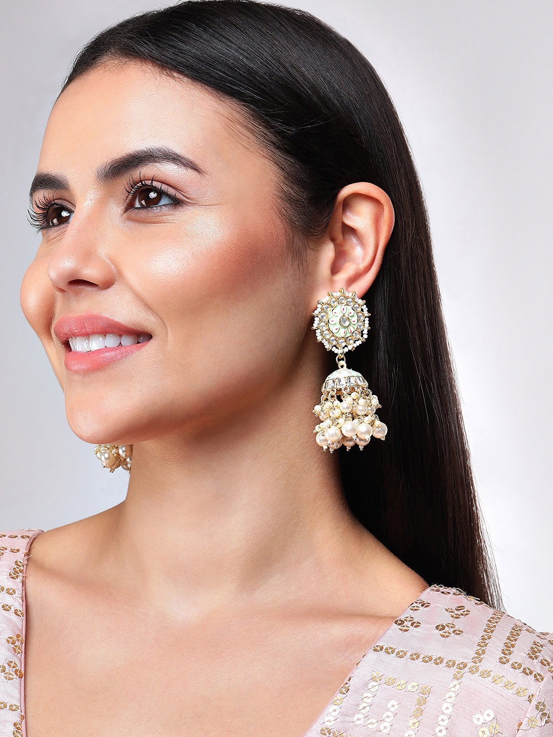 

Rubans Gold Plated & White Dome Shaped Jhumkas Earrings