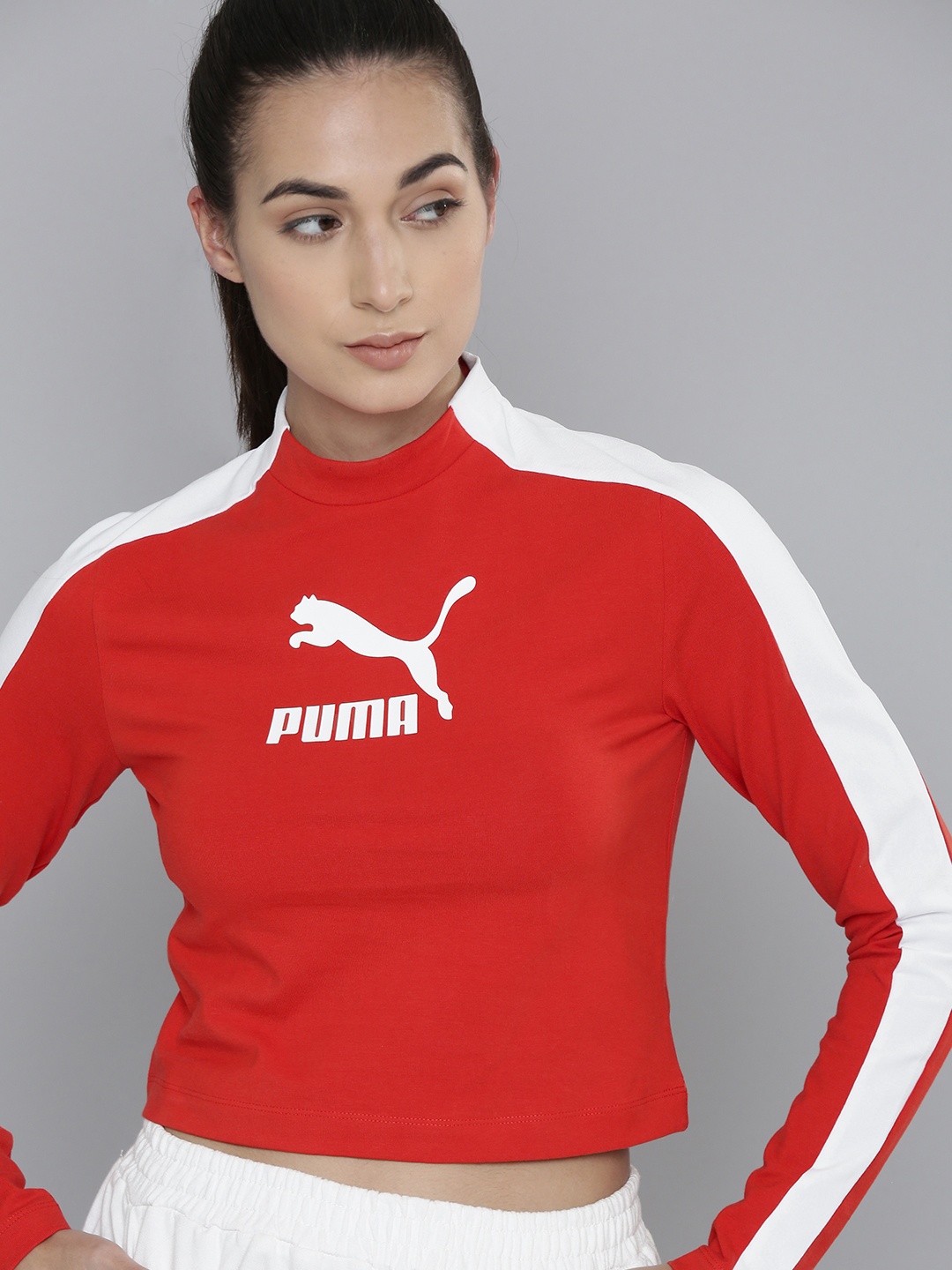 

Puma Women Red Brand Logo Printed Slim Fit Cropped T-shirt