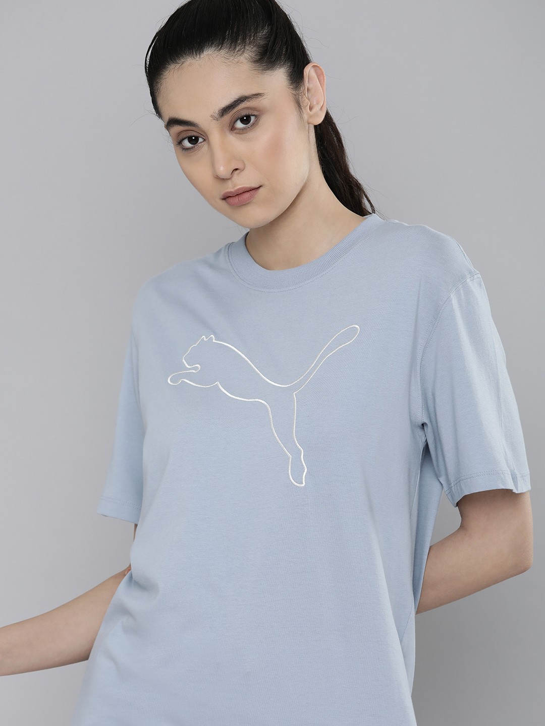 

Puma Women Relaxed Fit Brand Logo Printed Pure Cotton T-shirt, Blue