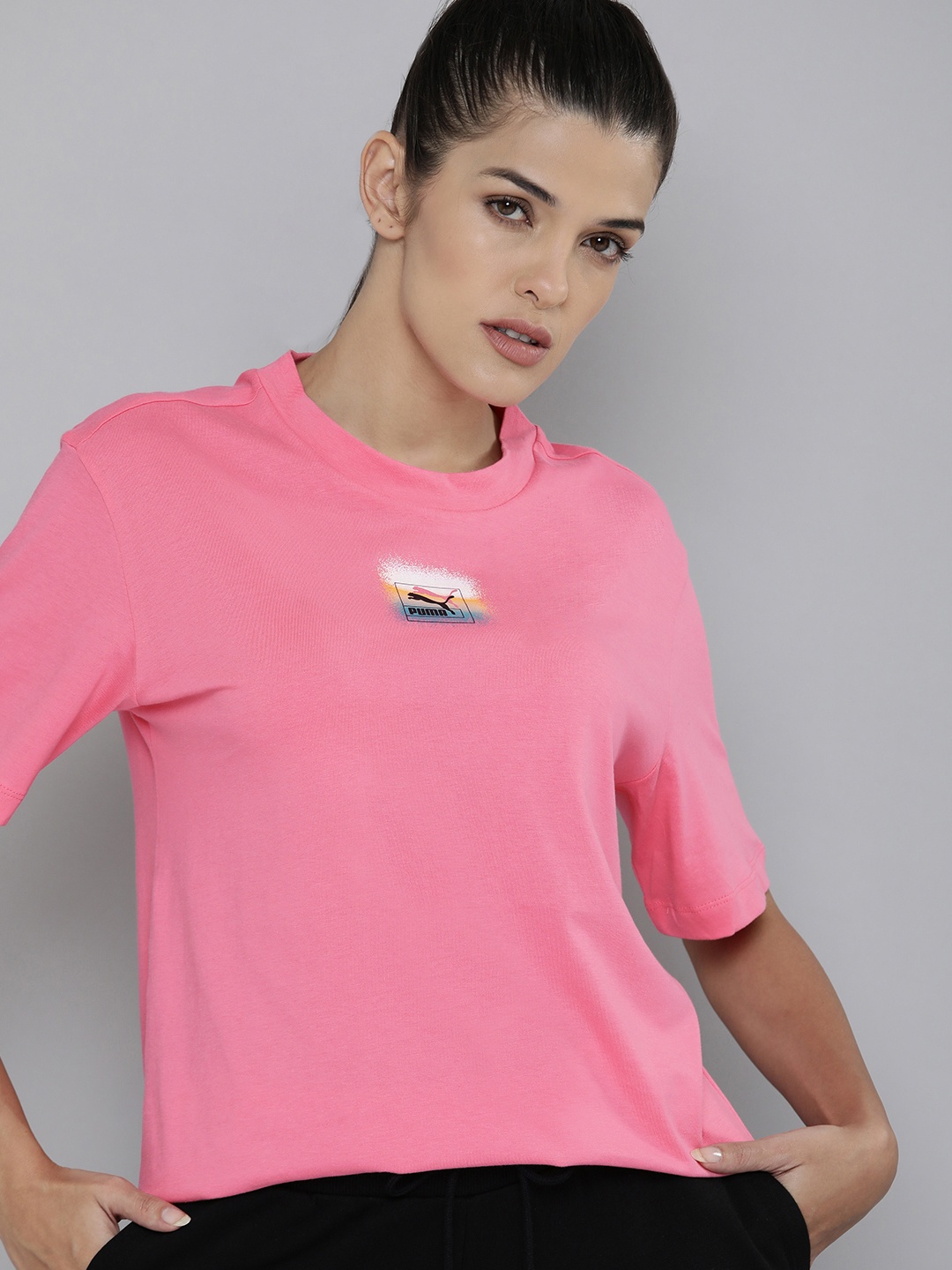 

Puma Women Brand Love Drop-Shoulder Sleeves Pure Cotton Relaxed Fit T-shirt, Pink