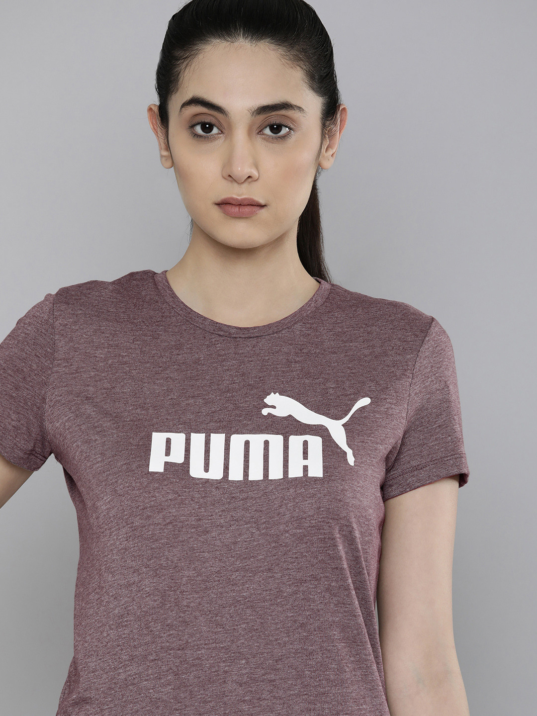 

Puma Women Purple Brand Logo Printed Essentials Logo Regular Fit Heather T-shirt