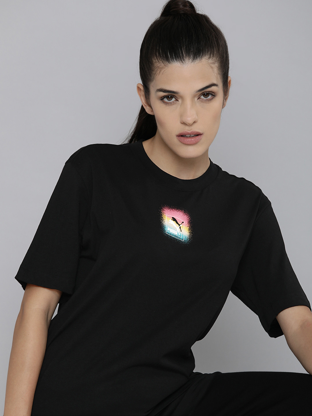 

Puma Women Black Brand Love Relaxed Drop-Shoulder Sleeves Pure Cotton T-shirt