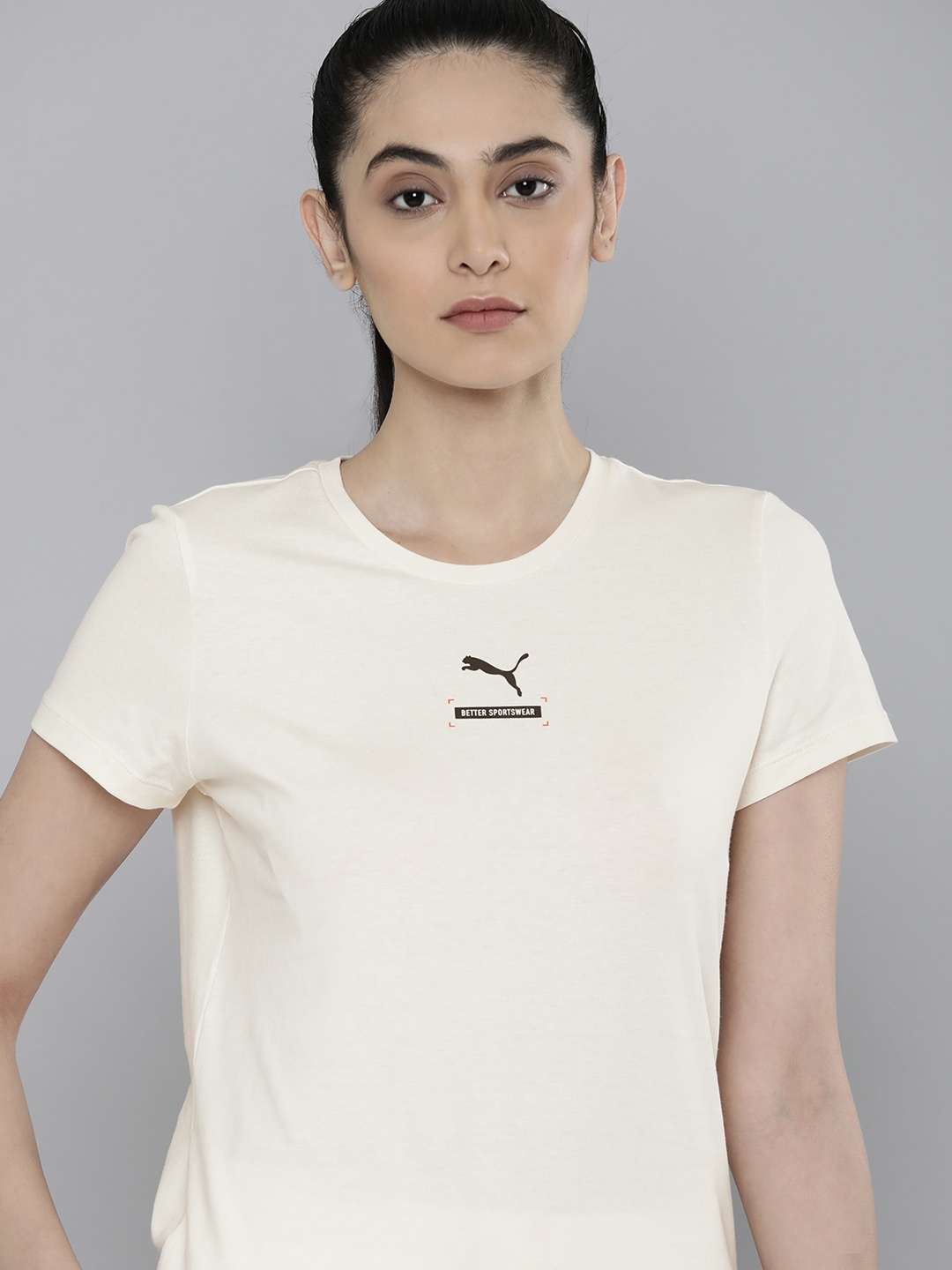 

Puma Women Cream-Coloured Brand Logo Pure Cotton T-shirt