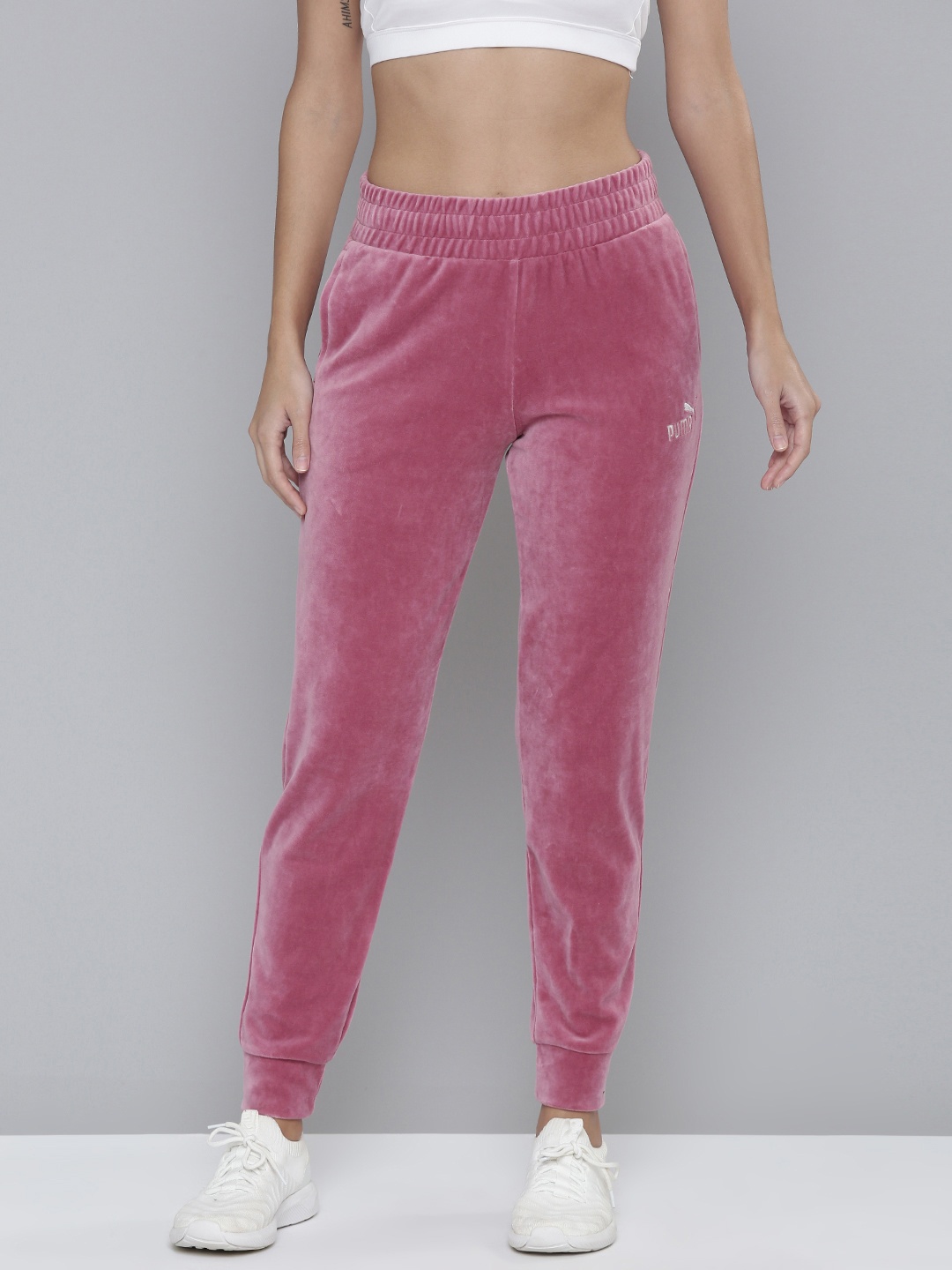 

Puma Women Pink Brand Logo Embroidered Regular Fit Essential+ Velour Joggers