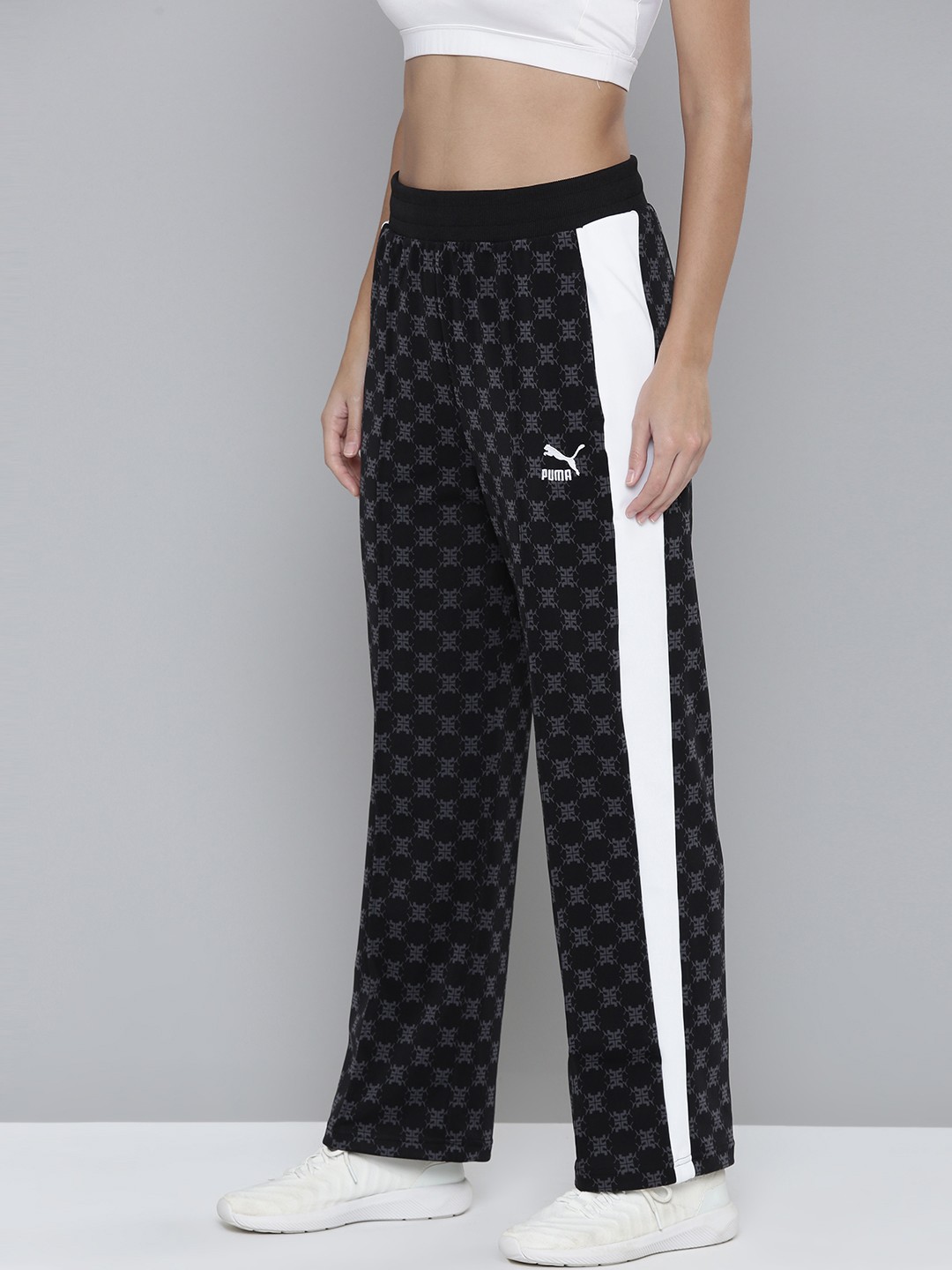 

Puma Women Black Brand Logo Printed dryCELL T7 AOP Track Pants With Contrast Panels