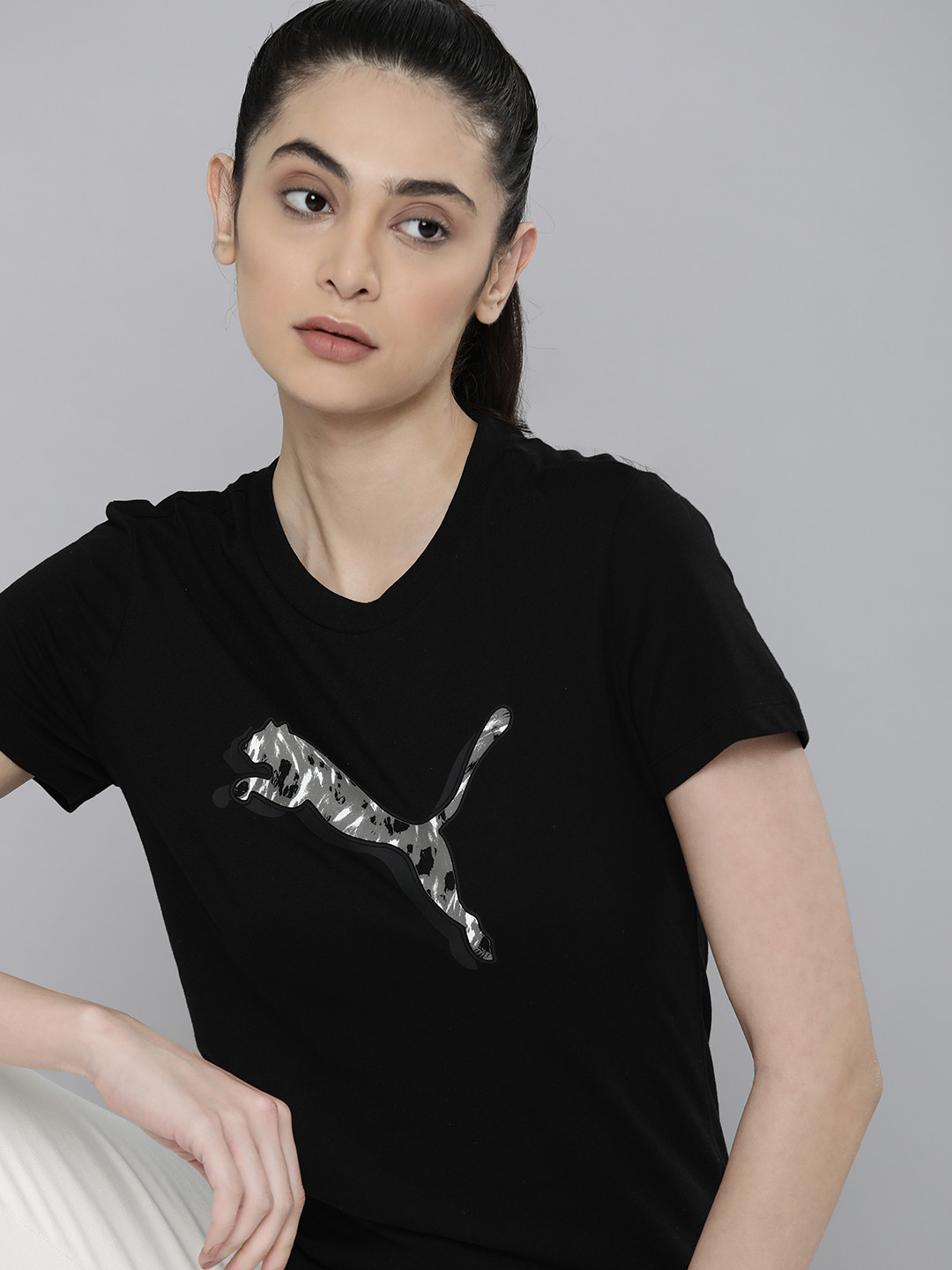 

Puma Women Black Brand Logo Printed Pure Cotton Power Safari Regular Fit T-shirt