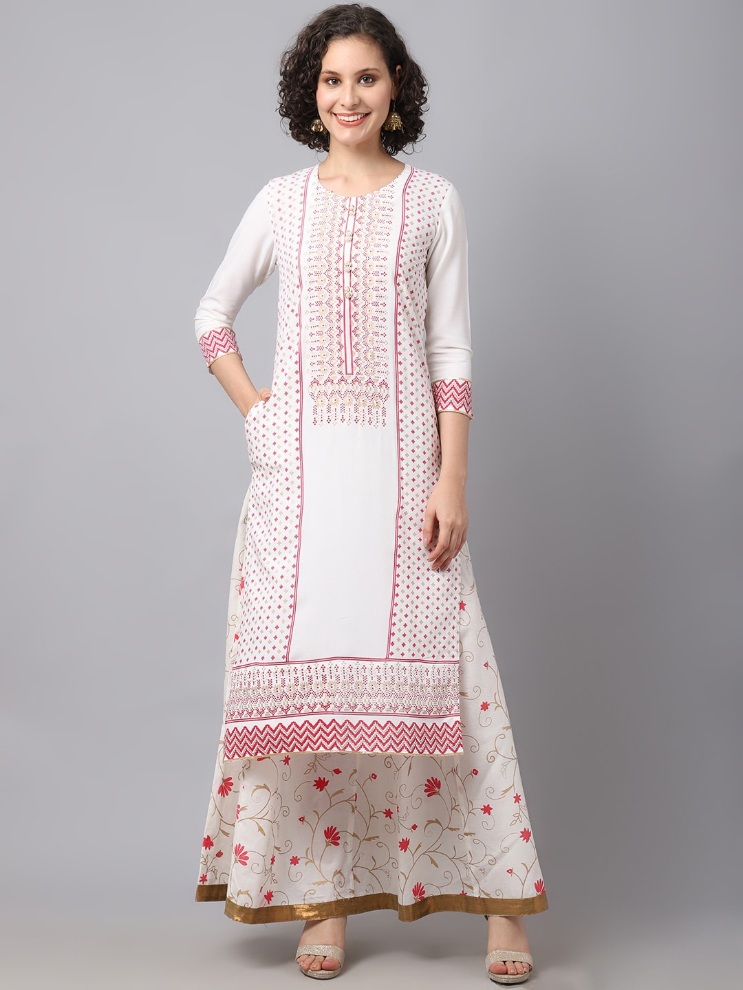 

Tulsattva Women Off White & Pink Geometric Printed Kurta