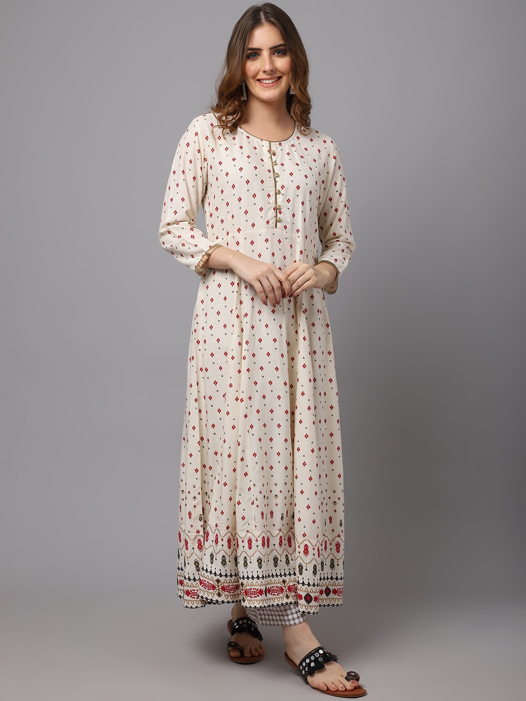 

Tulsattva Women Cream-Coloured Ethnic Motifs Printed Anarkali Kurta
