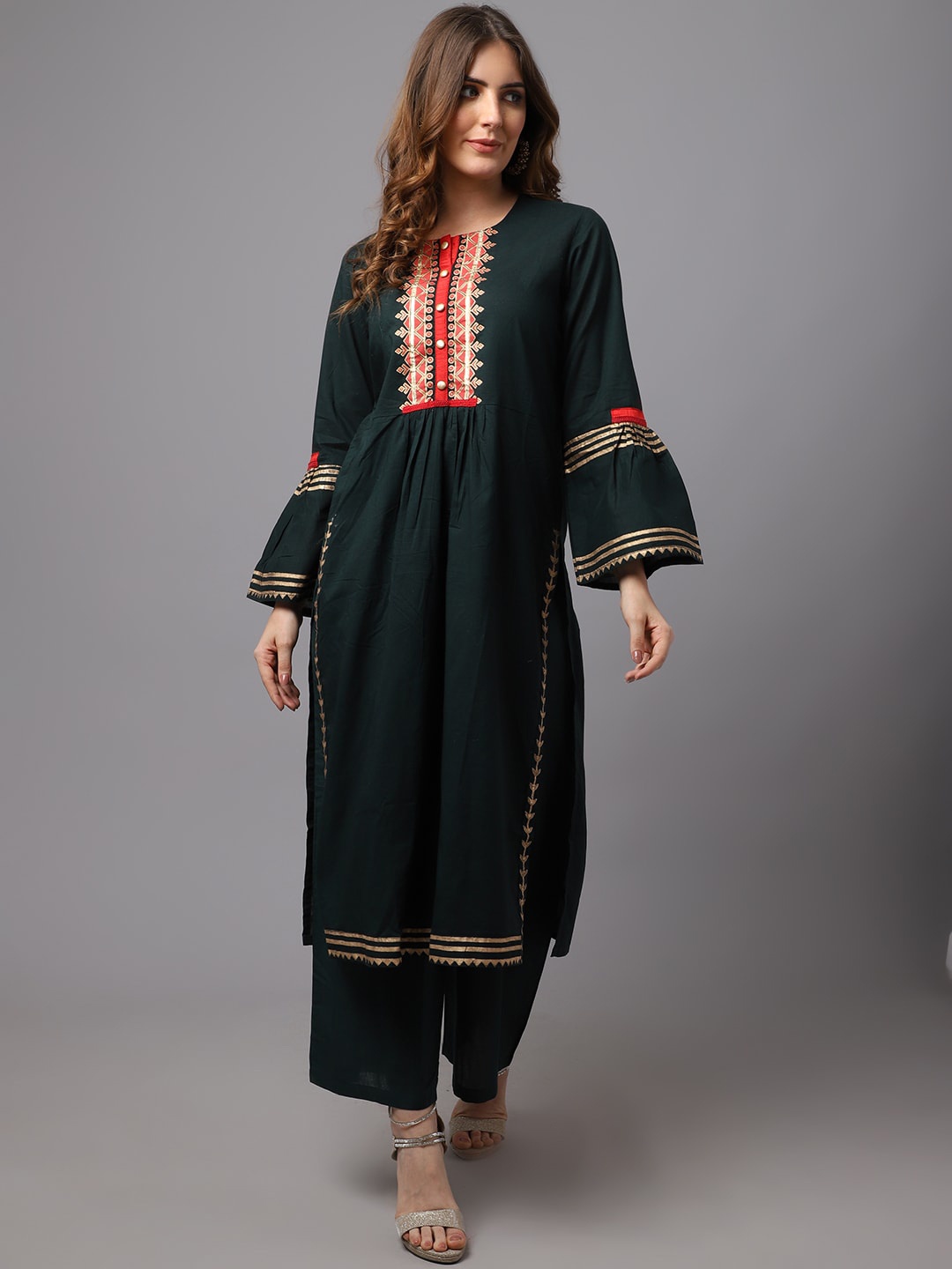 

Tulsattva Women Green & Red Yoke Design Bell Sleeves Kurta