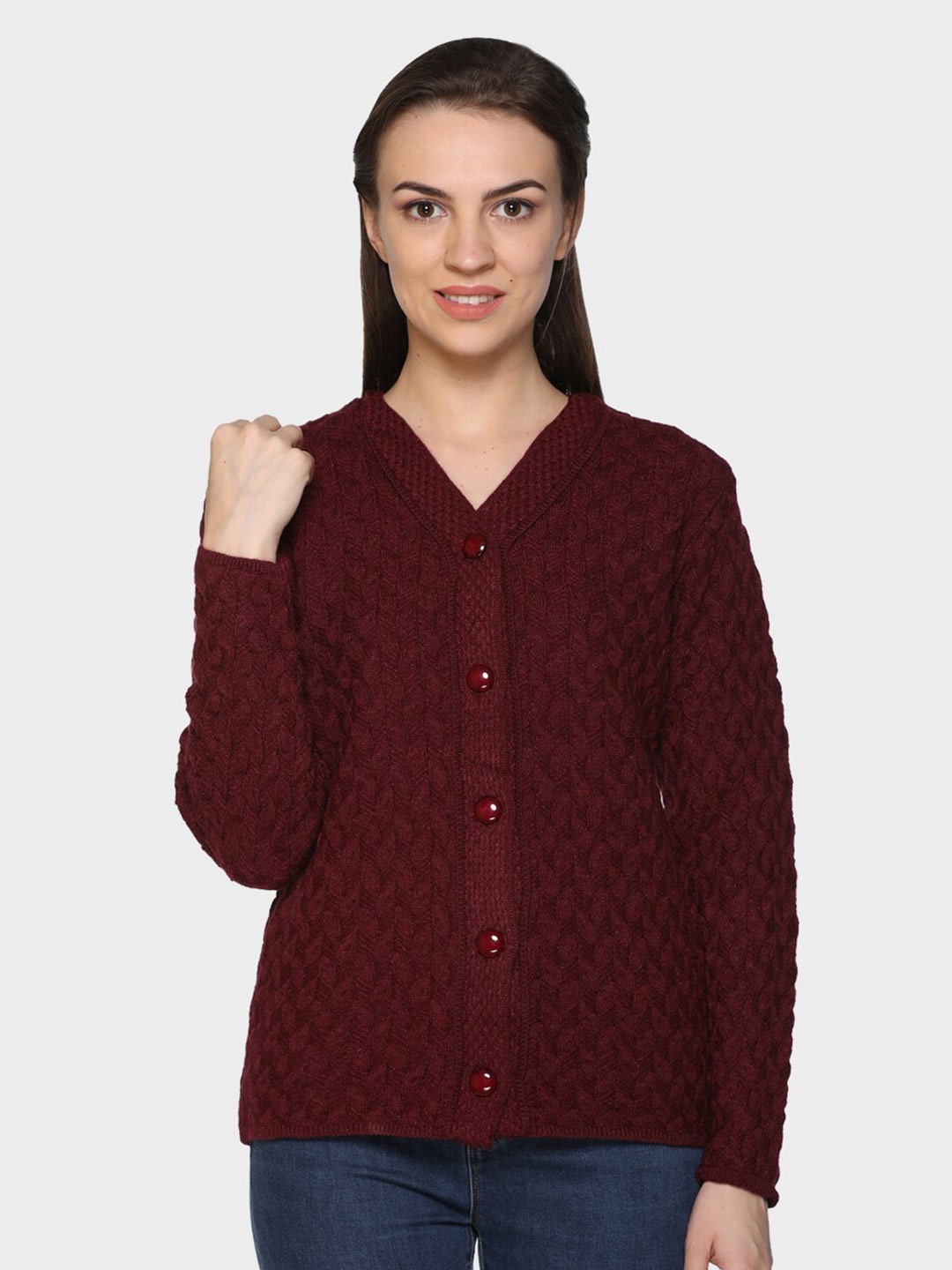 

aarbee Women Maroon Cable Knit Cardigan