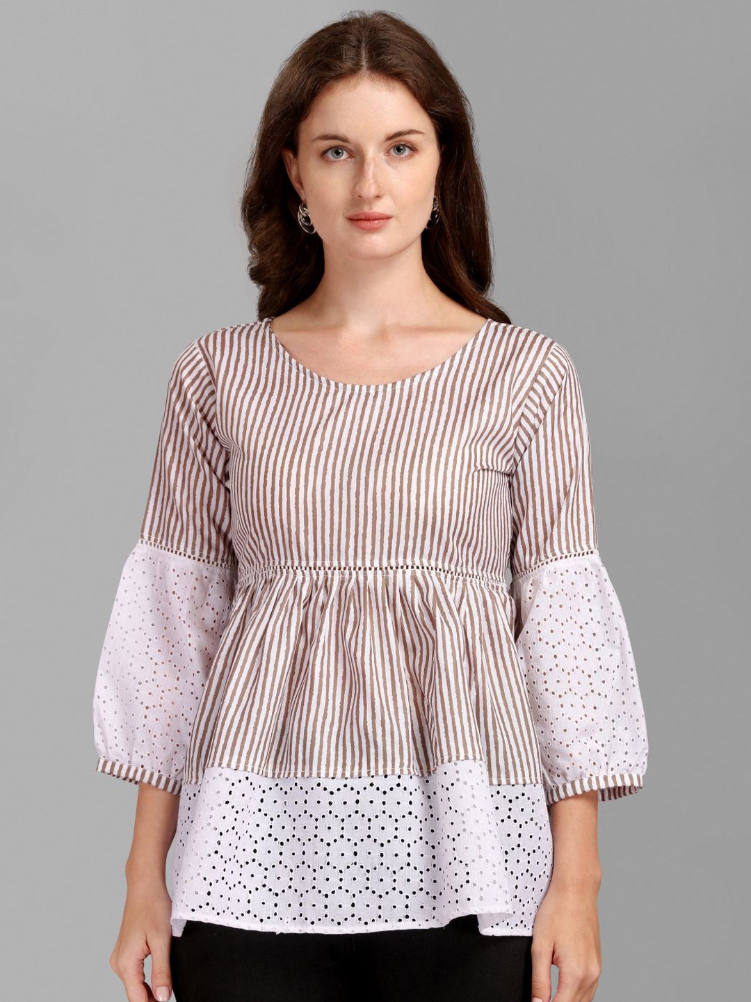 

GUFRINA Beige & White Striped Round Neck Polycotton Peplum Top