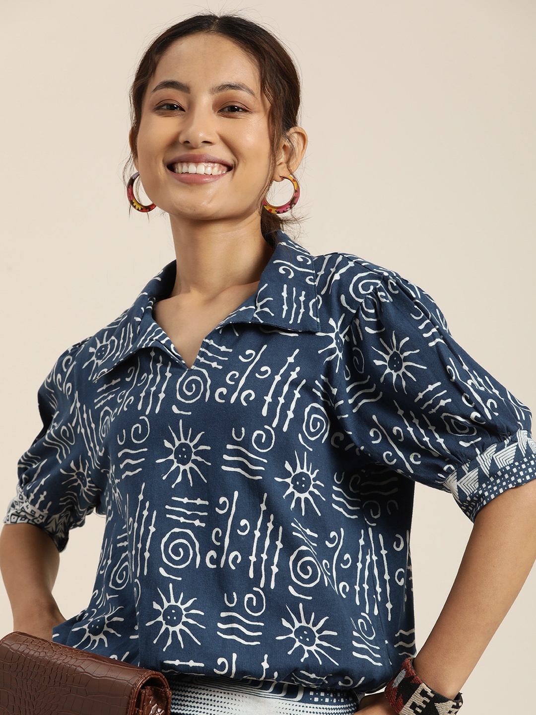 

Taavi Indigo Ethnic Motifs Printed Pure Cotton Blouson Top, Blue