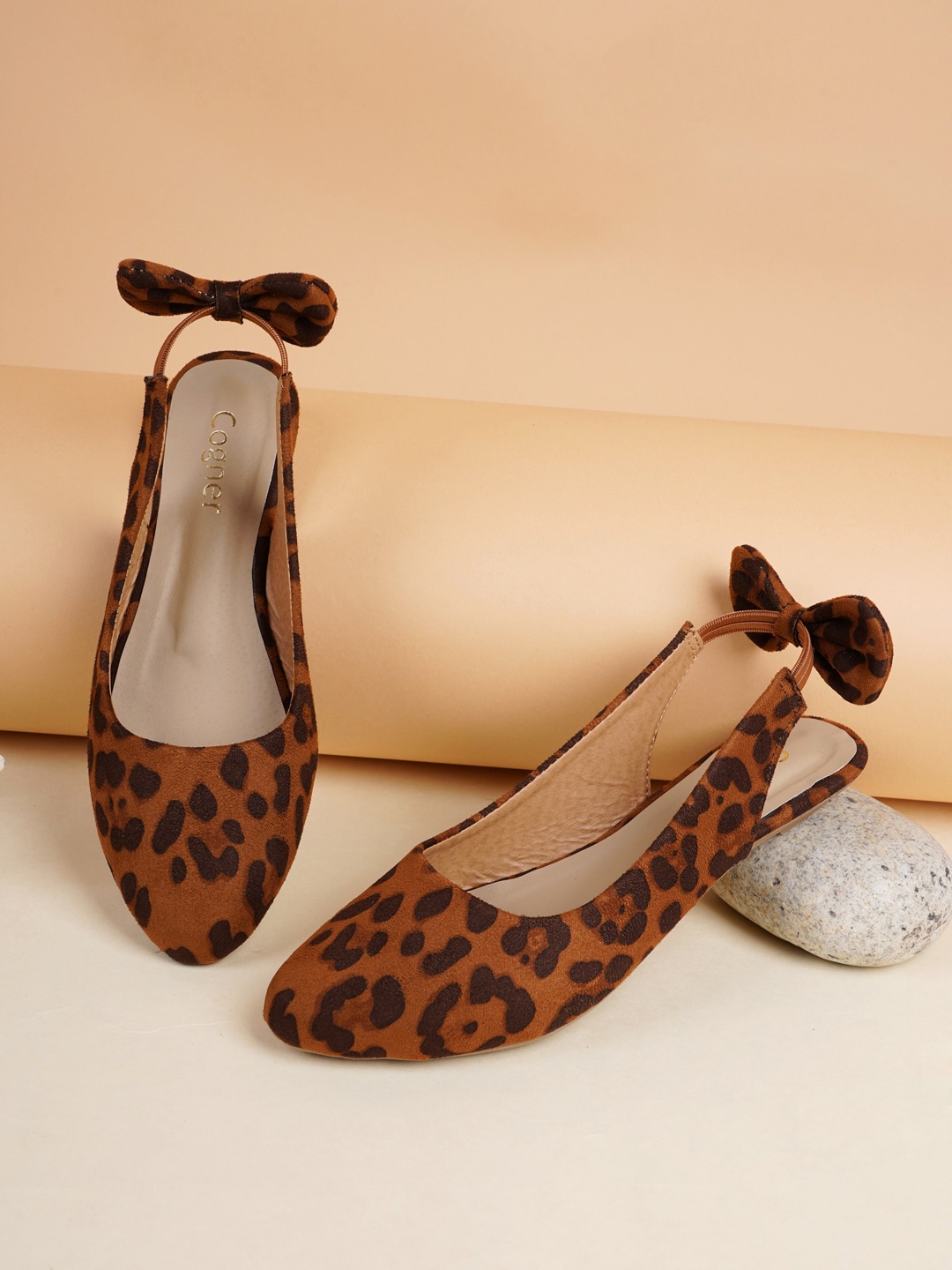 

Cogner Women Printed Ballerinas with Bows Flats, Tan