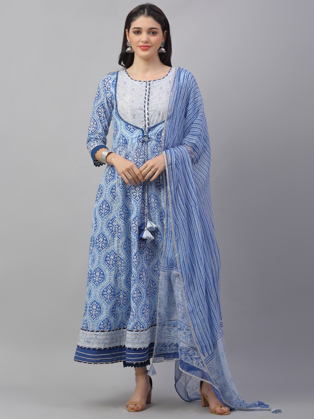 

ANAISA Women Blue Ethnic Motifs Embroidered Pleated Gotta Patti Pure Cotton Kurti with Trousers & With