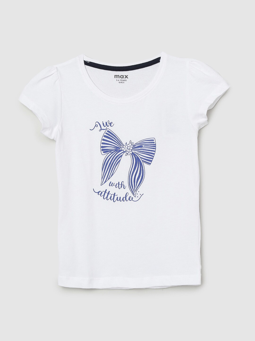 

max Girls White & Blue Typography Printed Puff Sleeves Pure Cotton T-shirt