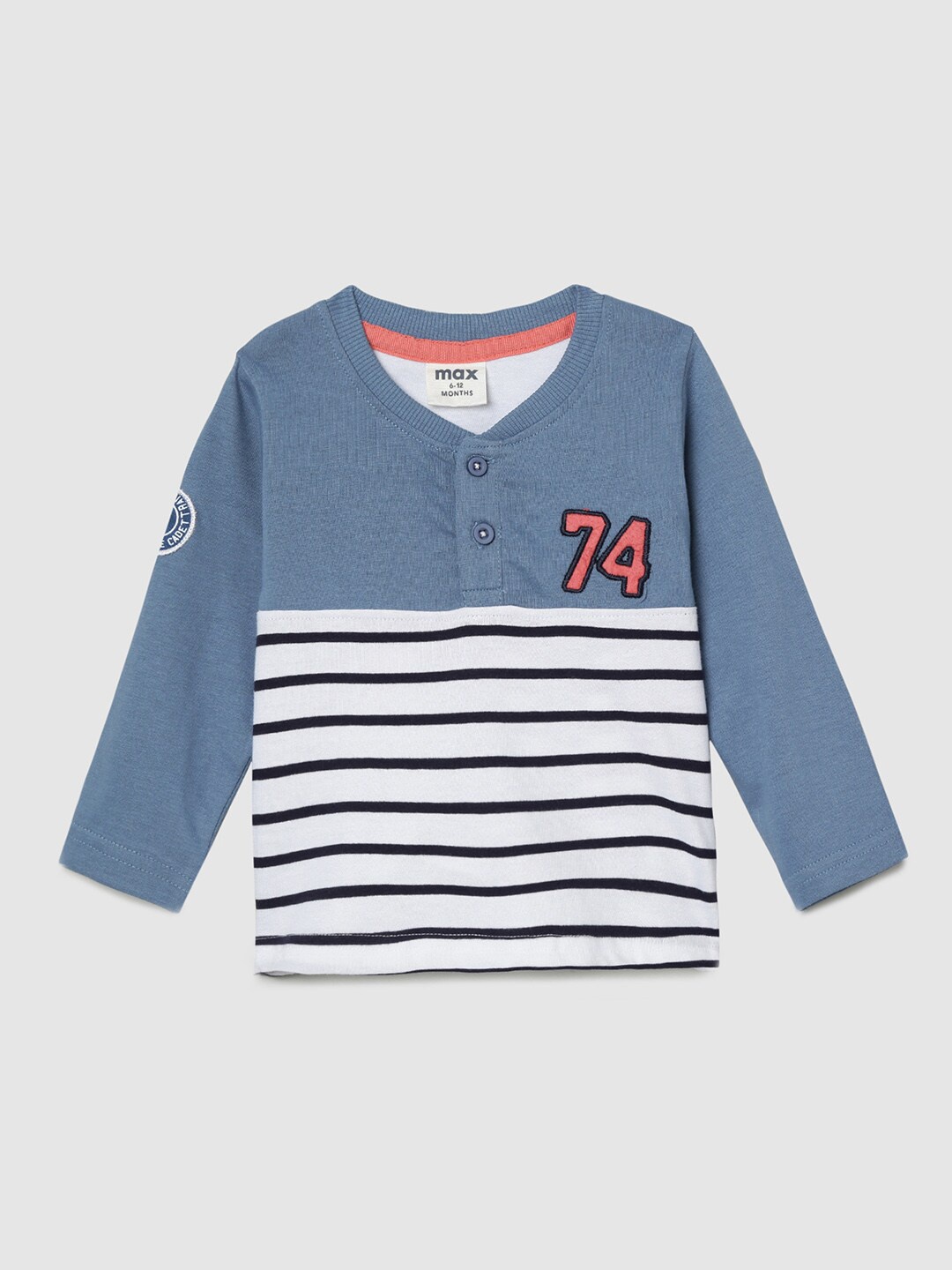 

max Boys Blue & White Striped Henley Neck Pure Cotton T-shirt