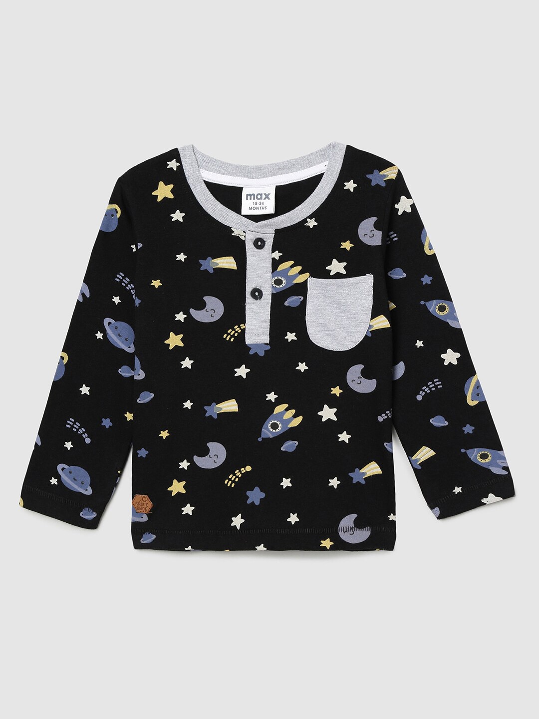

max Boys Black & Grey Printed Henley Neck Pure Cotton T-shirt