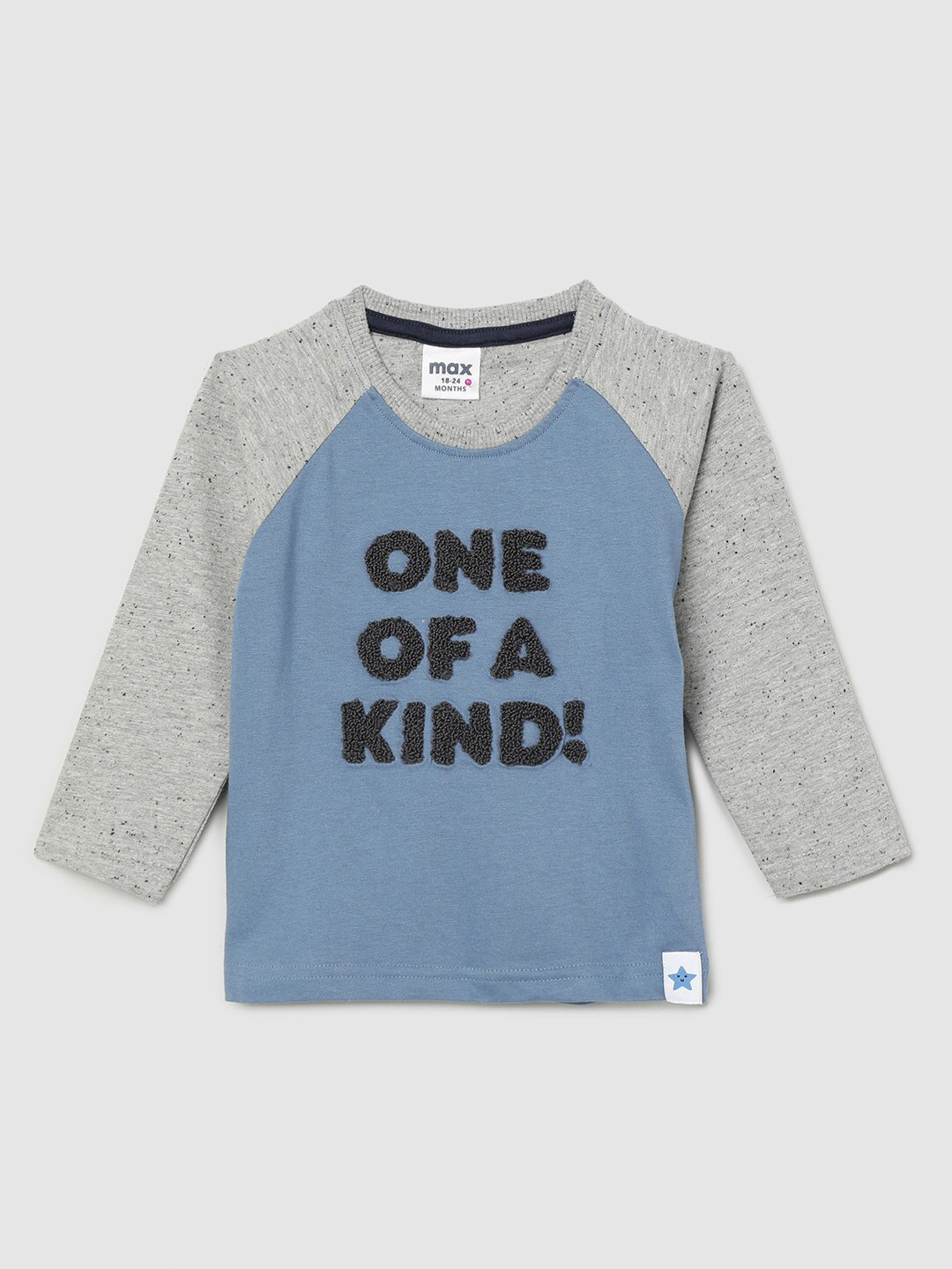 

max Boys Blue & Grey Pure Cotton Typography Colourblocked Cotton T-shirt