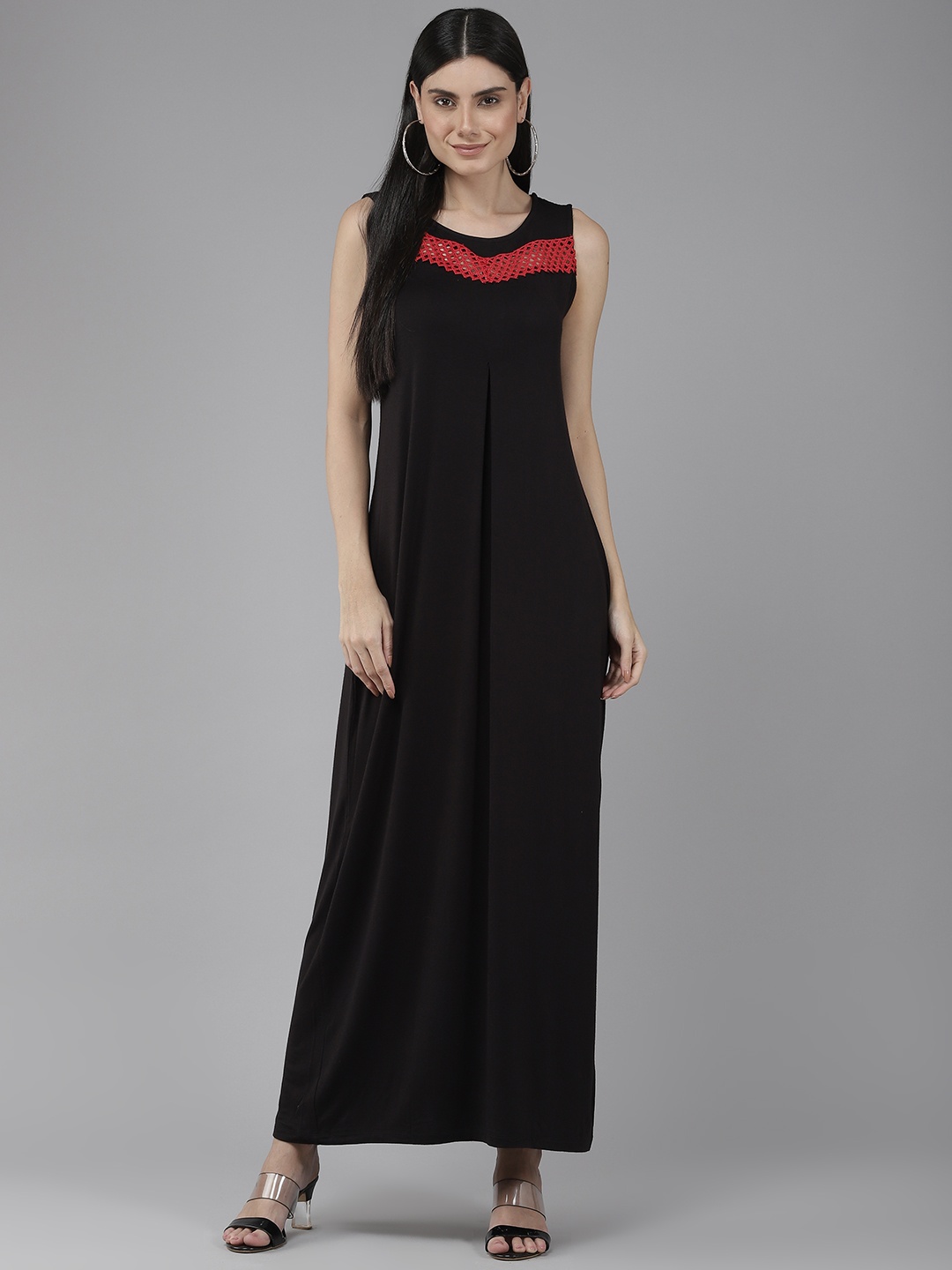 

Aarika Black Lace Detail Georgette Maxi Dress