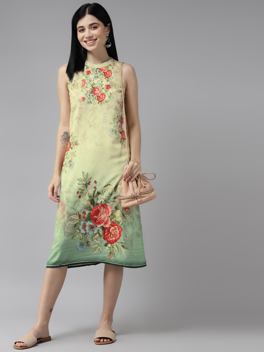 

Aarika Green & Red Floral Printed Georgette A-Line Midi Dress