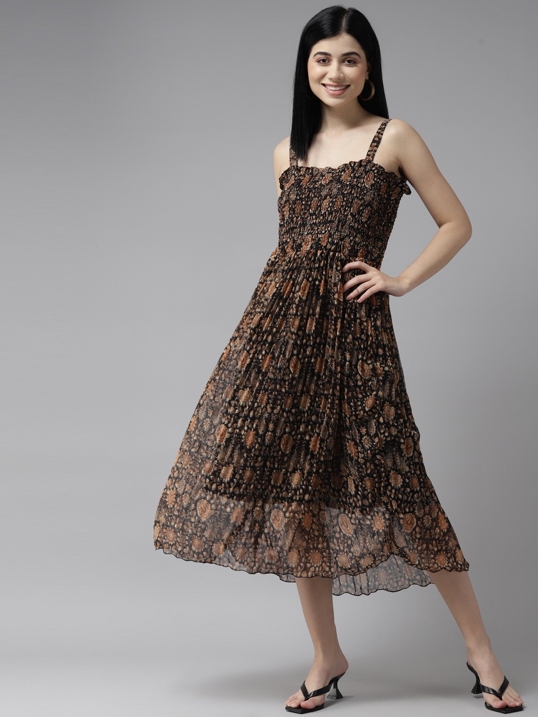 

Aarika Black & Brown Floral Print Georgette A-Line Midi Dress