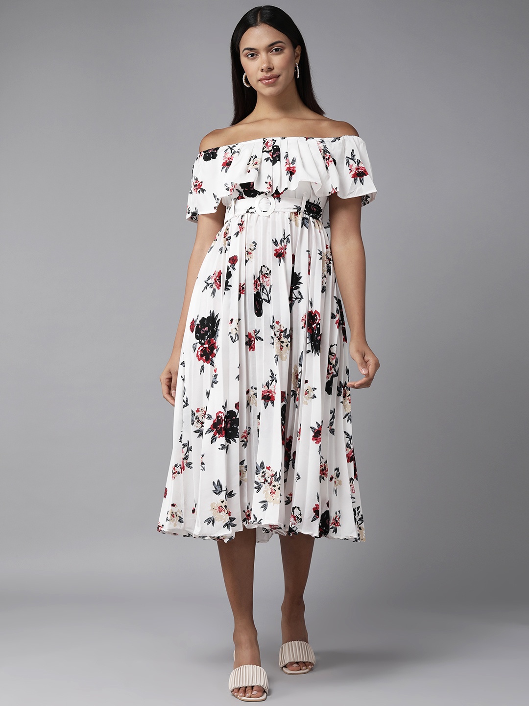 

Aarika White & Black Floral Layered Georgette A-Line Midi Dress