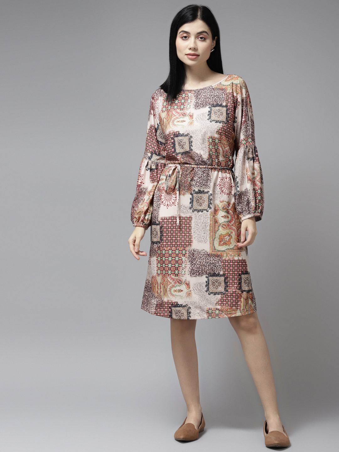 

Aarika Beige & Brown Floral Georgette A-Line Dress