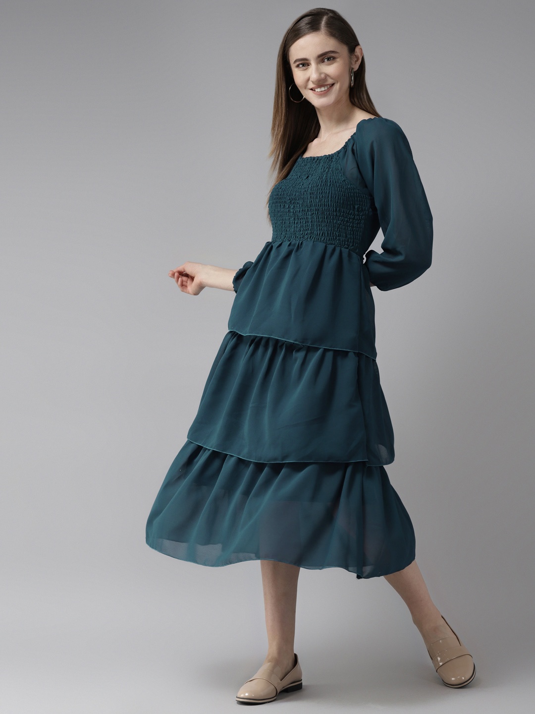 

Aarika Teal Green Solid Layered Georgette A-Line Midi Dress