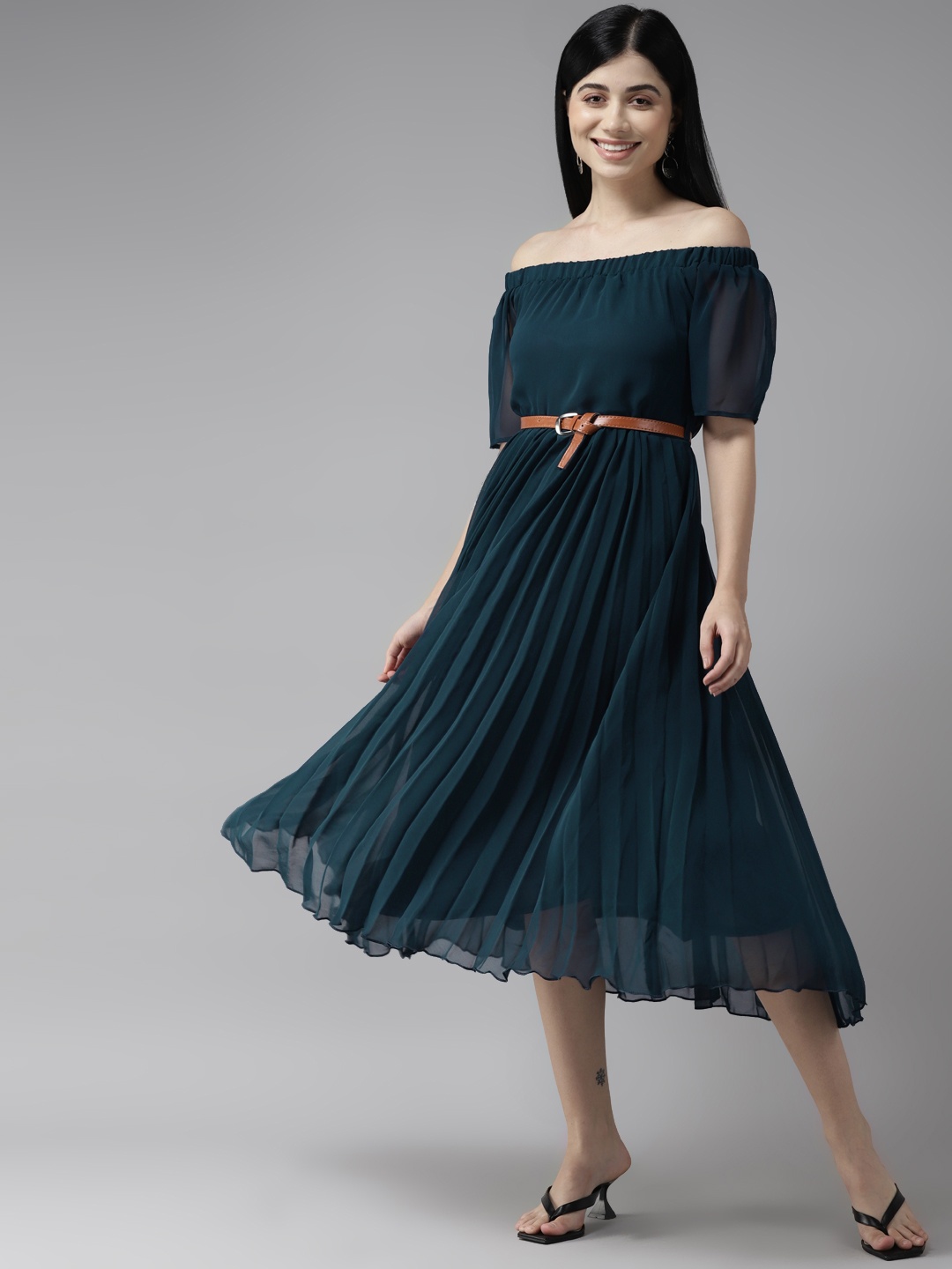 

Aarika Teal Green Solid Accordion Pleated Off-Shoulder Georgette A-Line Midi Dress