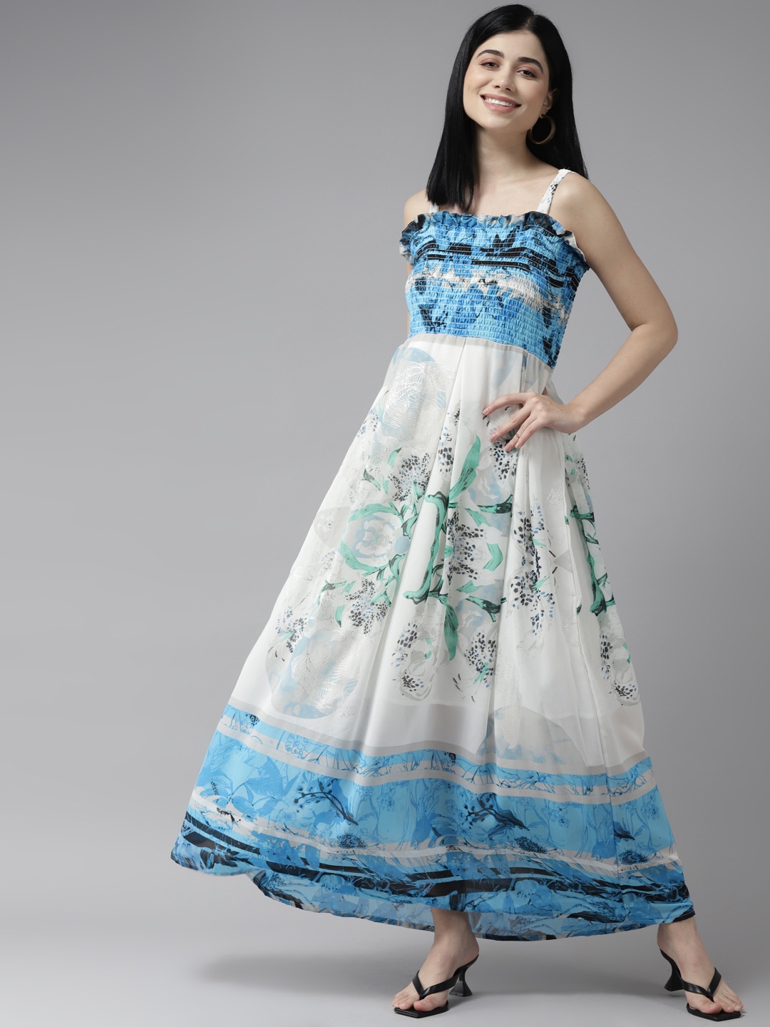 

Aarika Navy Blue & White Ethnic Print Georgette Maxi Dress
