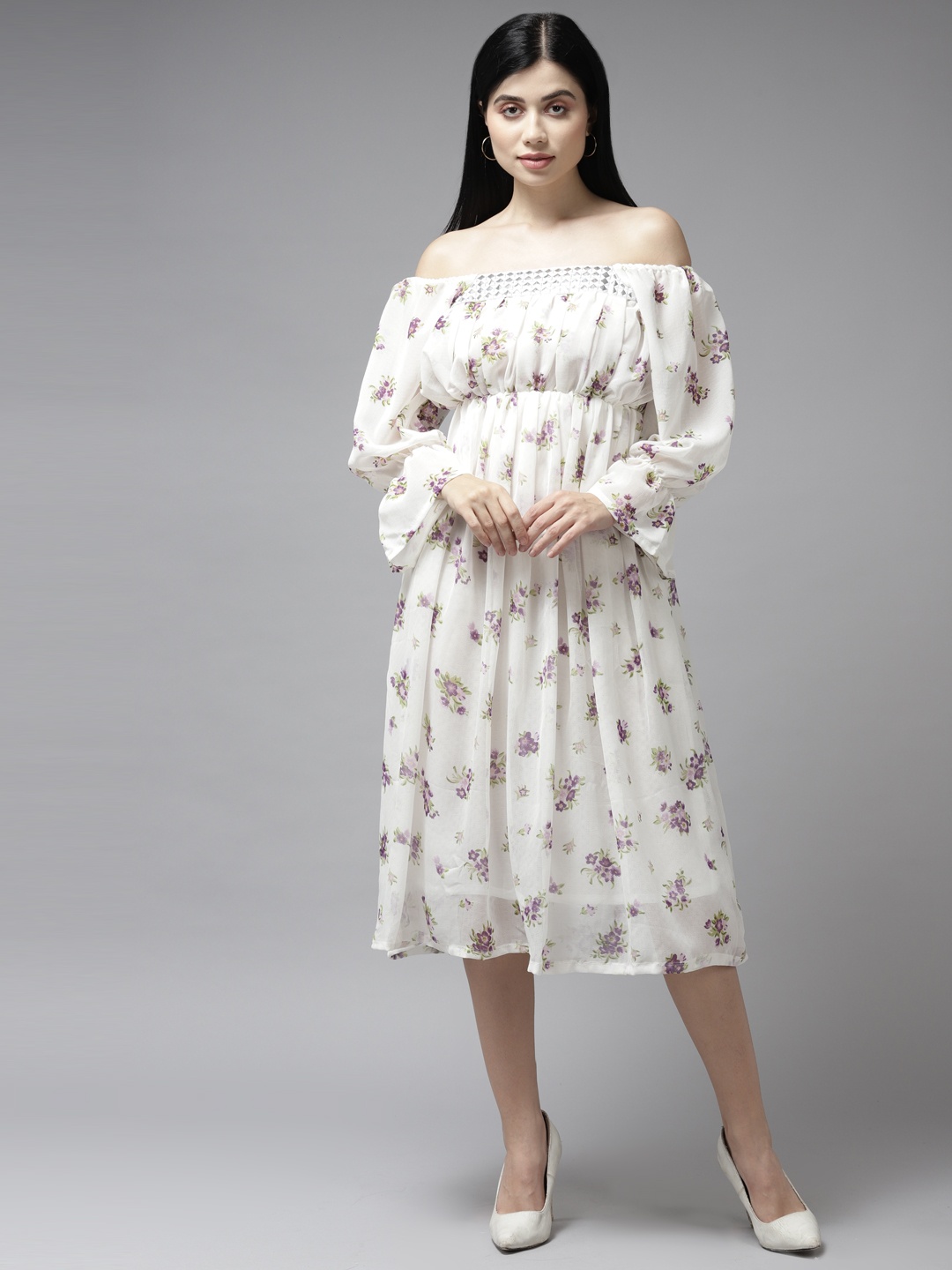 

Aarika White Floral Off-Shoulder Georgette Midi Dress