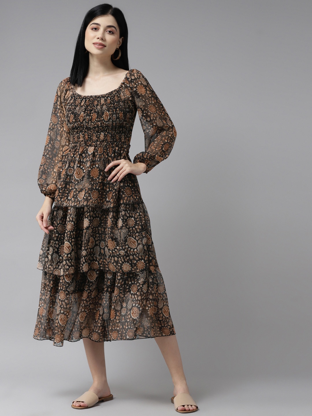 

Aarika Black & Brown Floral Print Layered Georgette A-Line Midi Dress