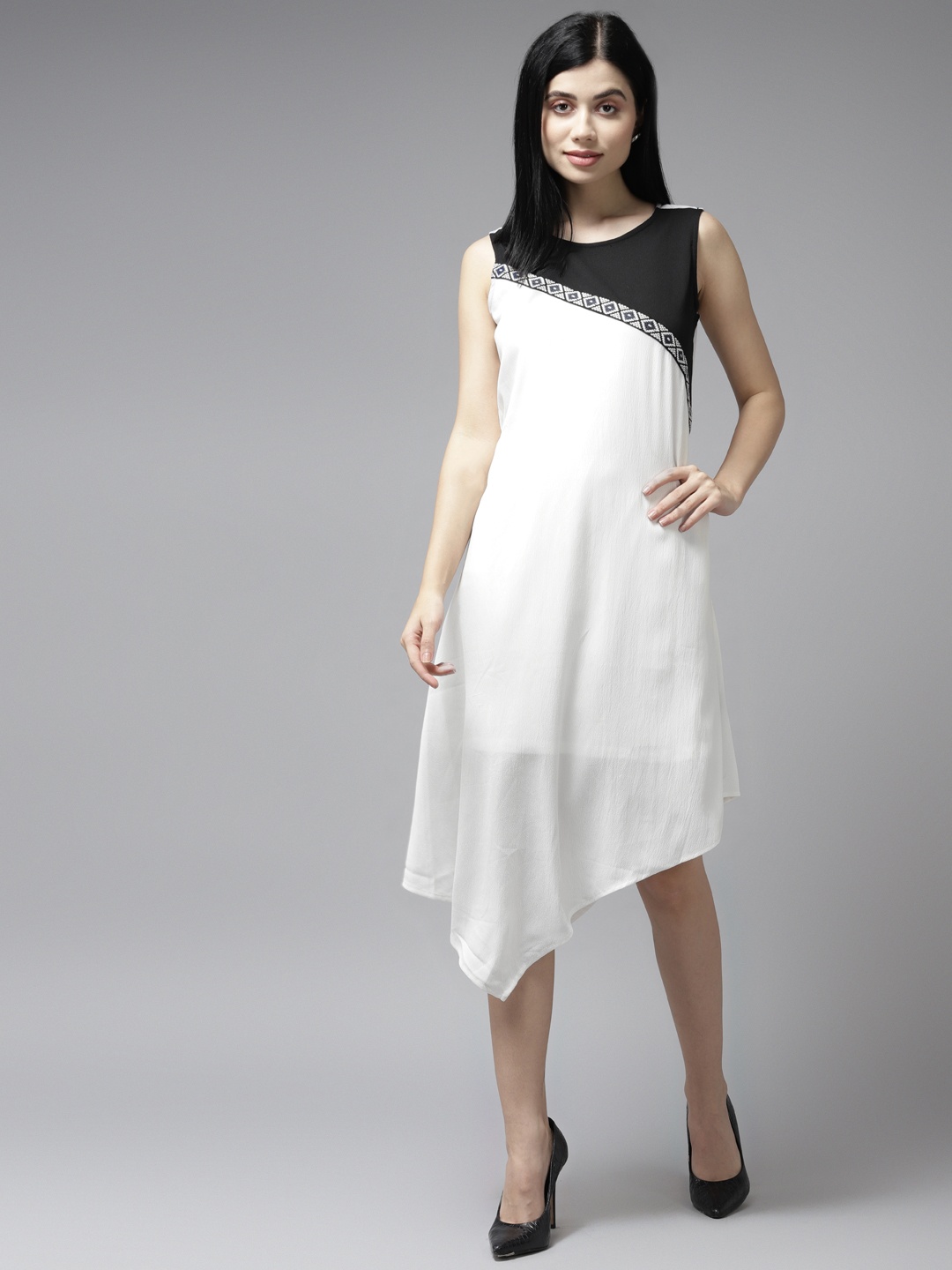 

Aarika Black & White Colourblocked Georgette A-Line Midi Dress