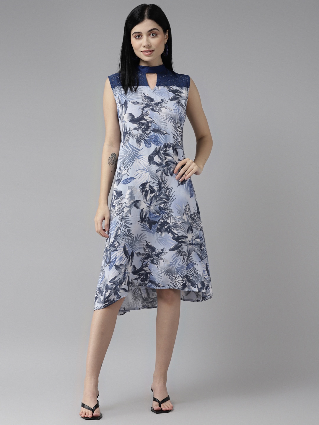 

Aarika Navy Blue & Grey Floral Printed A-Line Dress