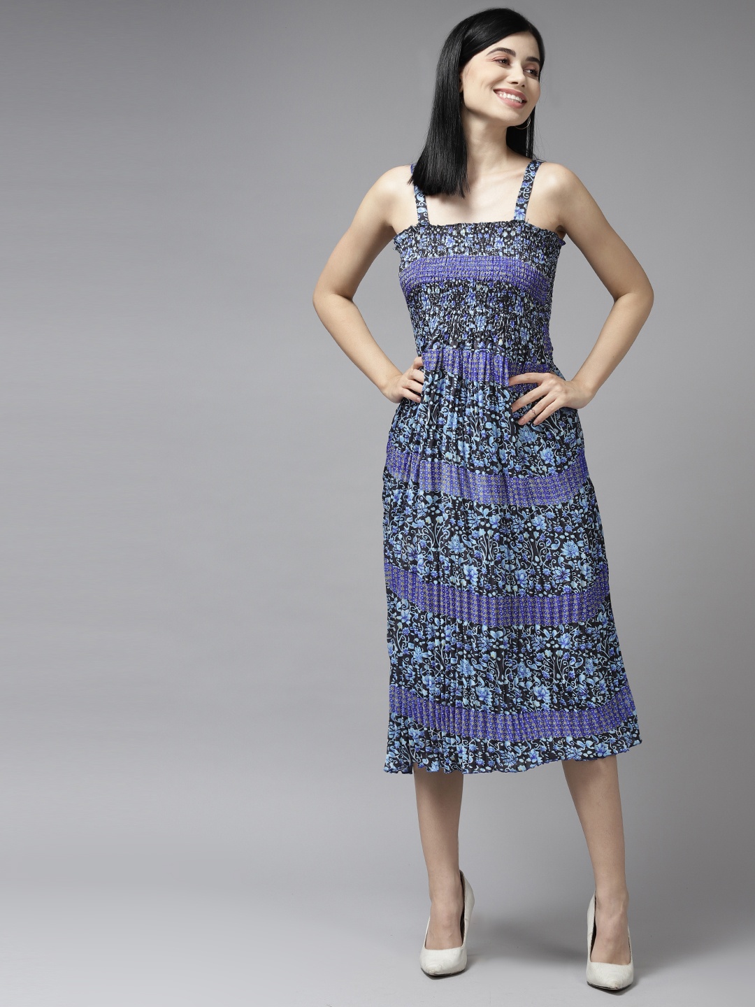 

Aarika Navy Blue Floral Smocked Georgette Midi Dress