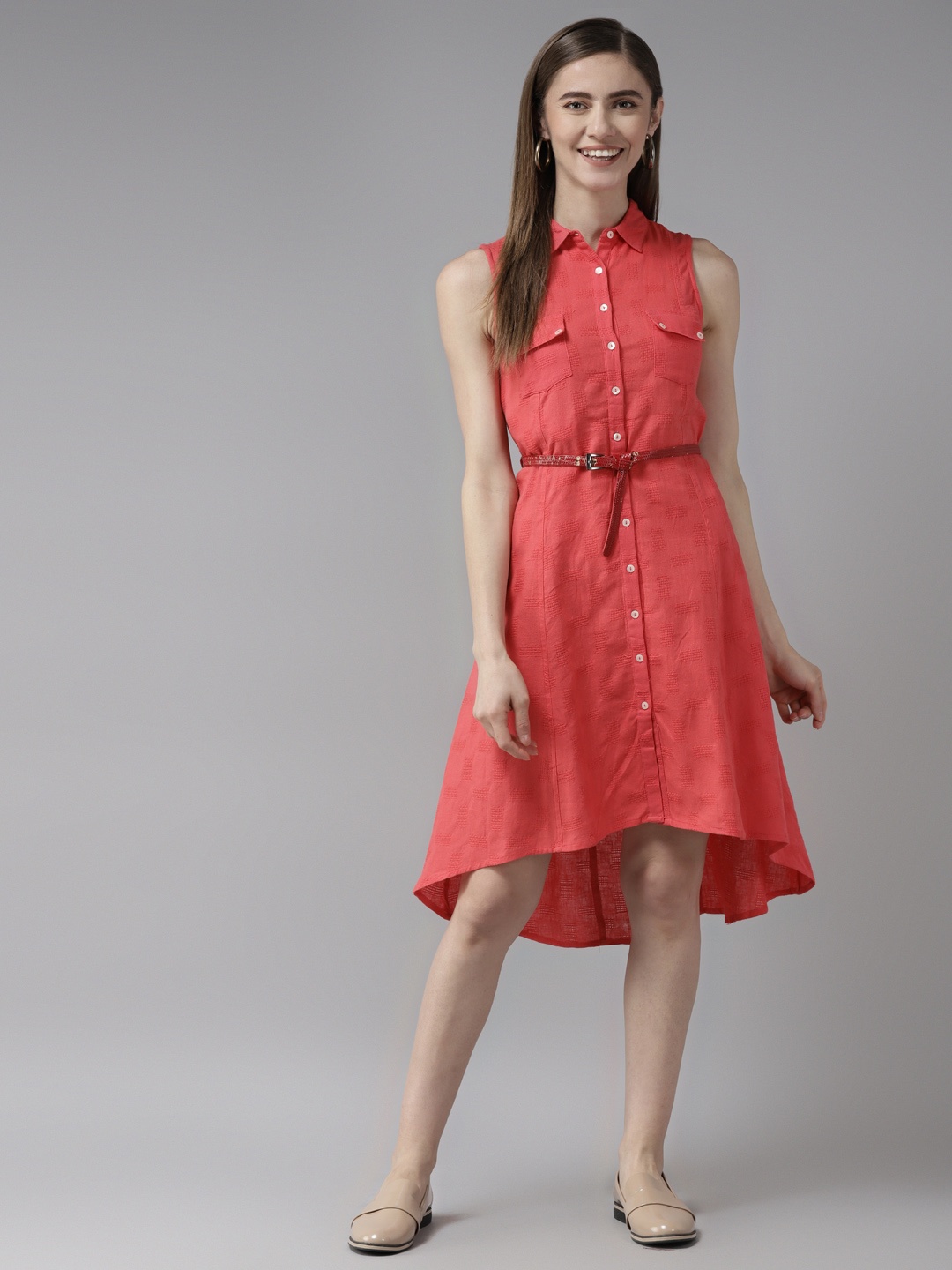 

Aarika Coral Red Self Design Shirt Dress Comes with a Belt