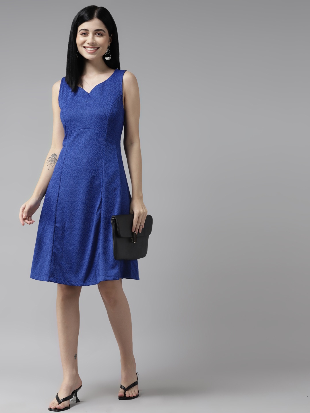 

Aarika Navy Blue Ethnic Lace Inserts Georgette A-Line Dress