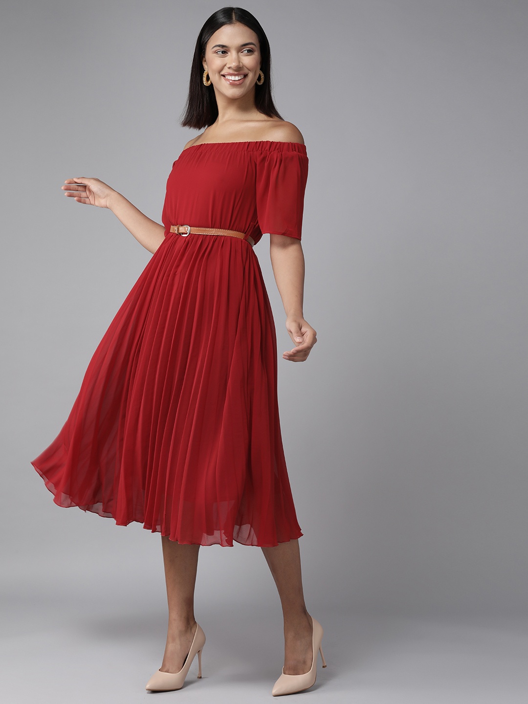 

Aarika Maroon Off-Shoulder Georgette A-Line Midi Dress