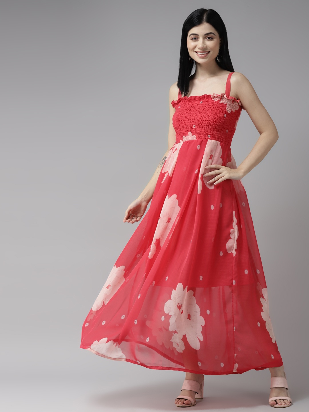 

Aarika Coral Red & Beige Floral Print Georgette Maxi Dress