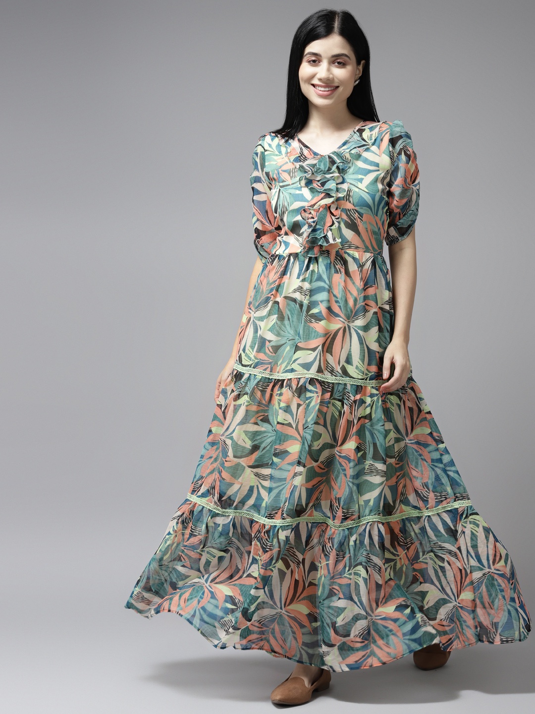 

Aarika Green & Peach-Coloured Floral Georgette A-Line Maxi Dress
