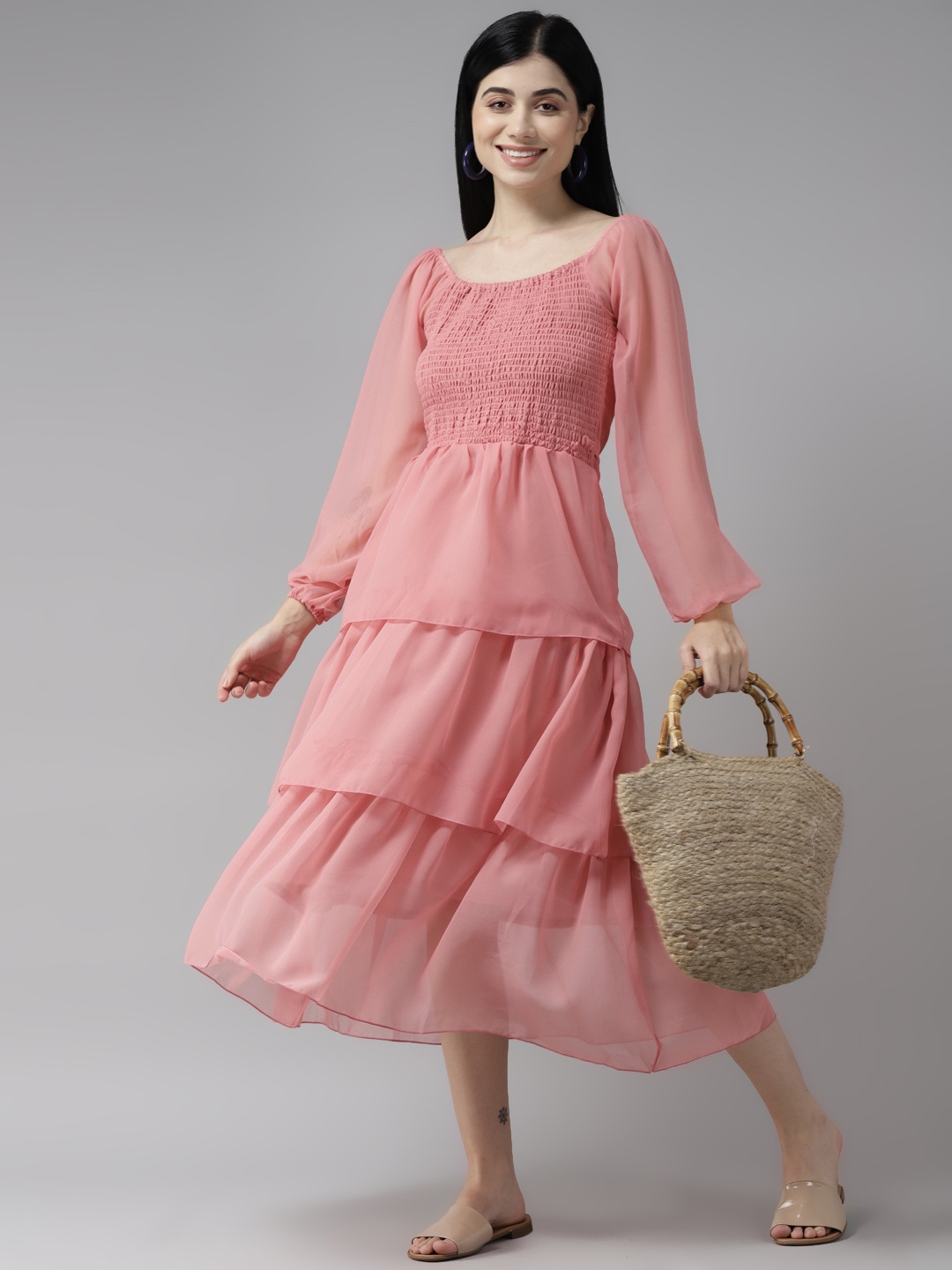 

Aarika Dusty Pink Solid Layered Georgette Formal A-Line Midi Dress, Rose