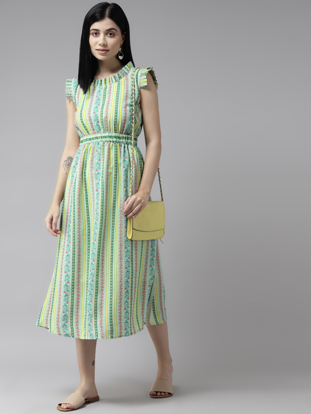 

Aarika Green & Yellow Striped Georgette A-Line Midi Dress
