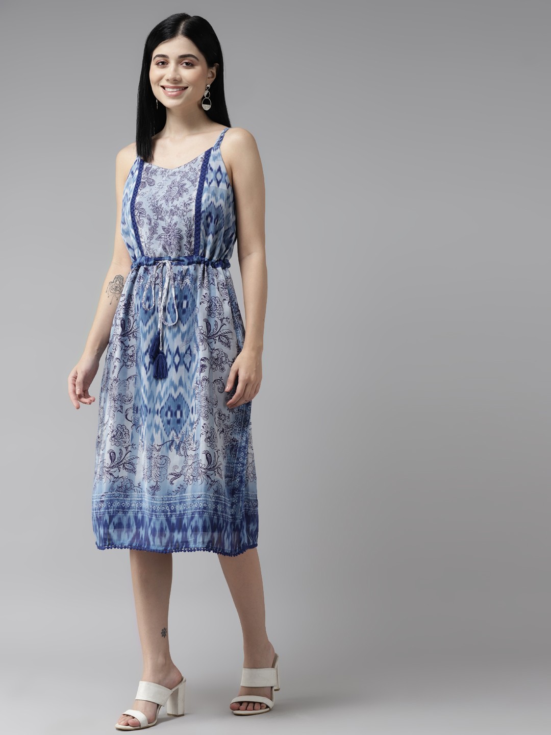 

Aarika Navy Blue Ethnic Print Georgette A-Line Midi Dress