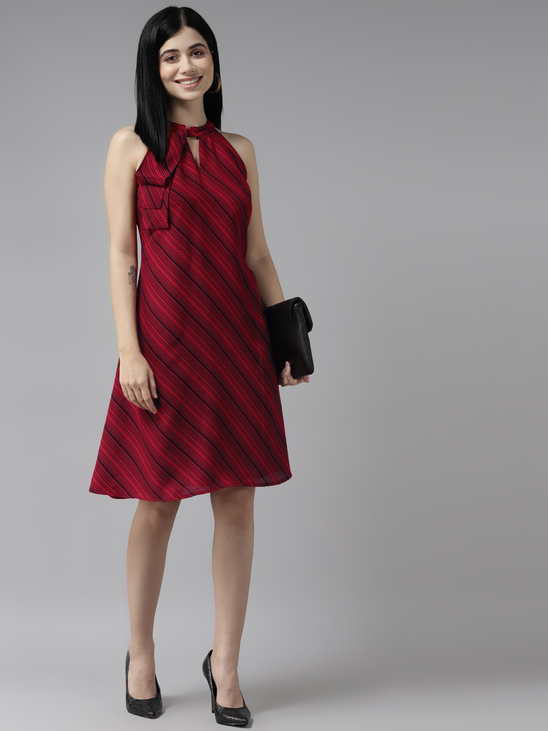 

Aarika Red & Black Striped Keyhole Neck Georgette A-Line Dress
