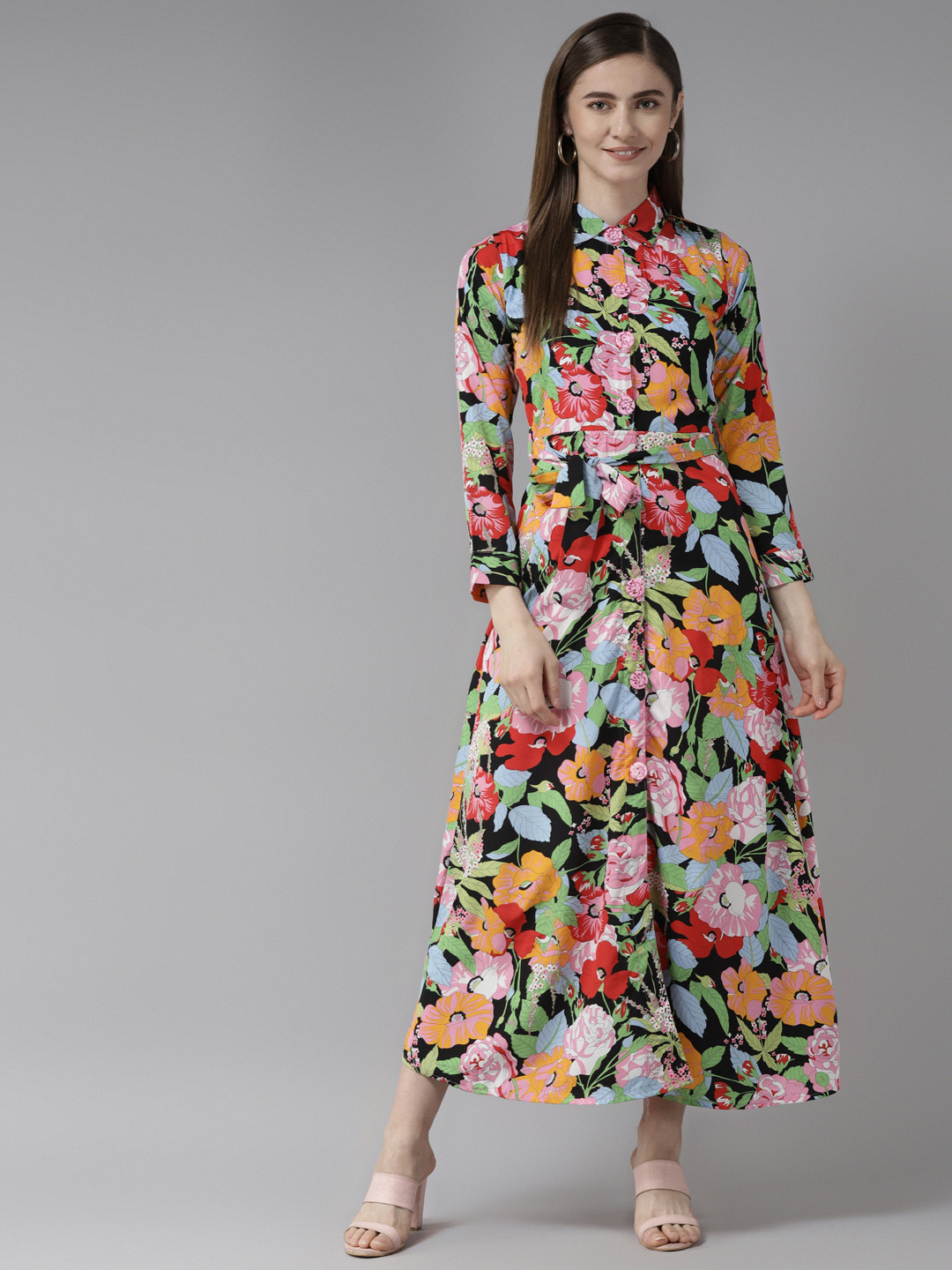 

Aarika Pink & Black Floral Printed Shirt Maxi Dress