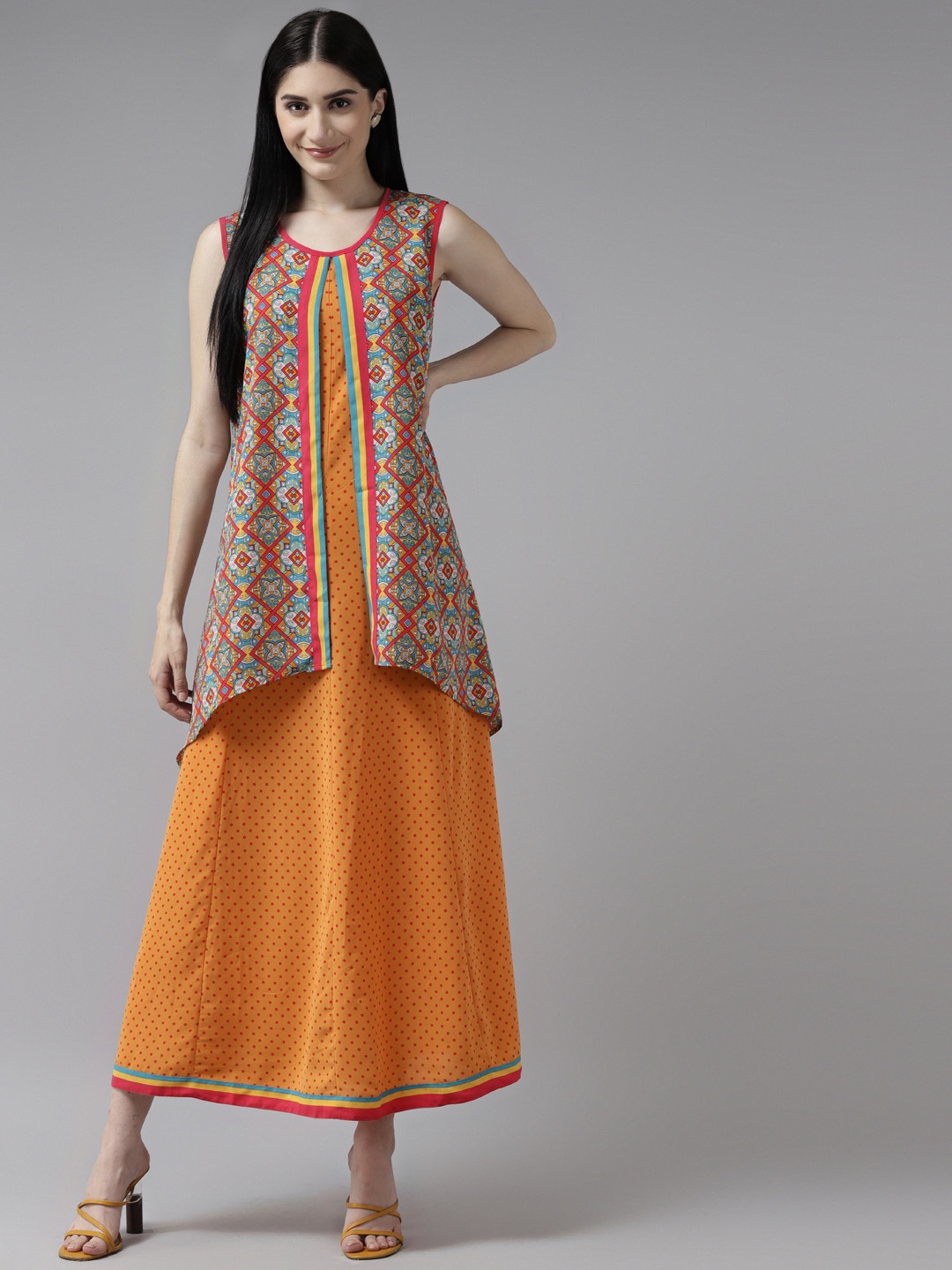 

Aarika Orange & Pink Ethnic Motifs Layered Georgette A-Line Maxi Dress